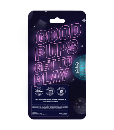 back view of JetPup chew toy showing dishwasher safe label for limited edition neon chew toy