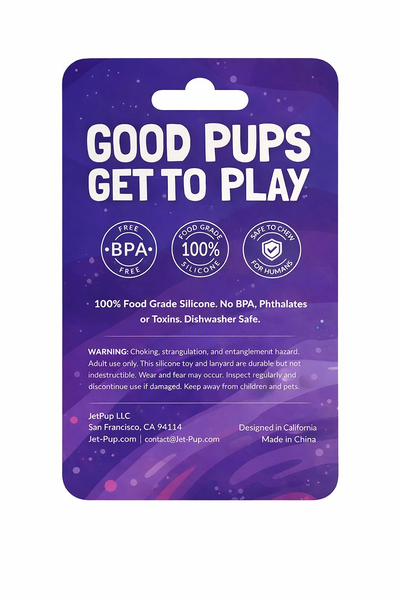 Purple packaging with 'Good Pups Get to Play' text and safety certifications on a white background