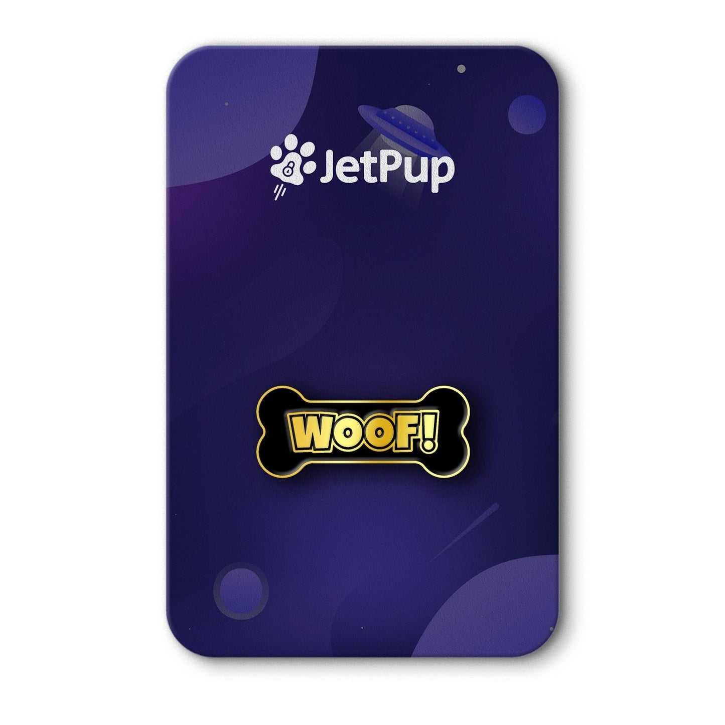 A classic black and brass enamel pin with 'WOOF!' text on a bone-shaped backing, displayed on a purple background with the JetPup logo.