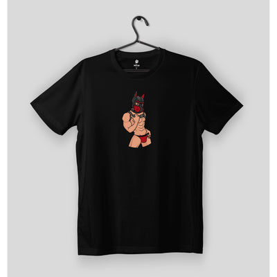 Black t-shirt on a hanger with a muscle human pup in a dog hood mask.