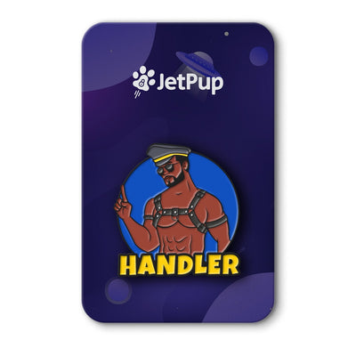 Enamel lapel pin product packaging with JetPup logo and 'Handler' text on a purple background