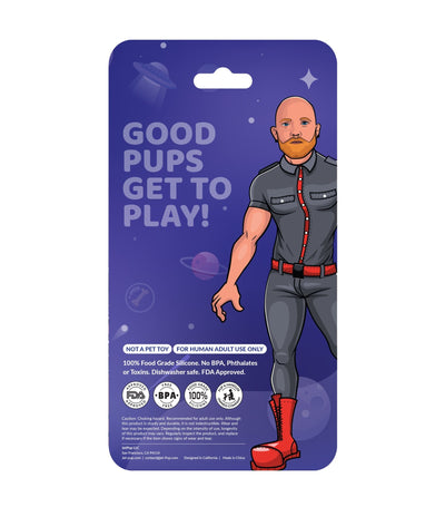 Back of packaging featuring text which reads "Good Pups Get To Play!" on a purple space theme background.