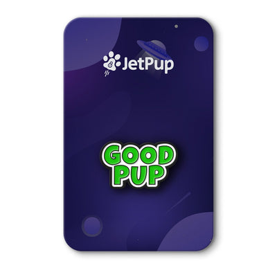 An enamel pin with 'GOOD PUP' text in green, attached to a purple background with a JetPup logo at the top.