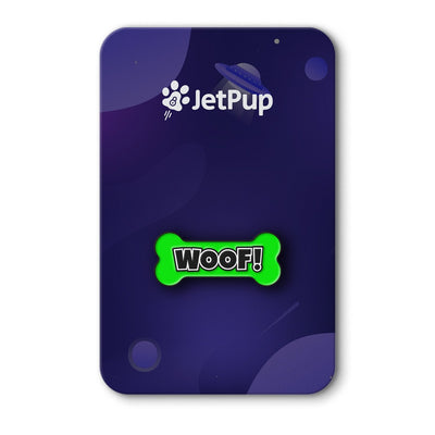 JetPup logo and 'WOOF!' bone-shaped lapel pin on a purple space background