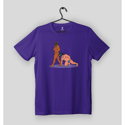 Purple t-shirt on hanger with an image of two playful human pups.