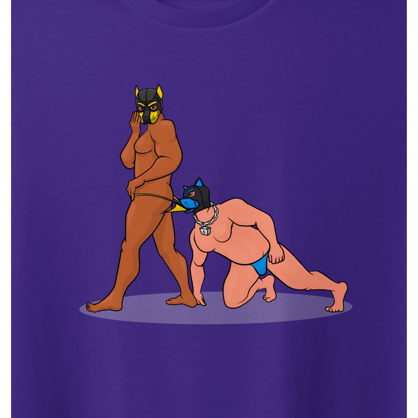 Closeup image of purple t-shirt graphic design with two playful human pups.