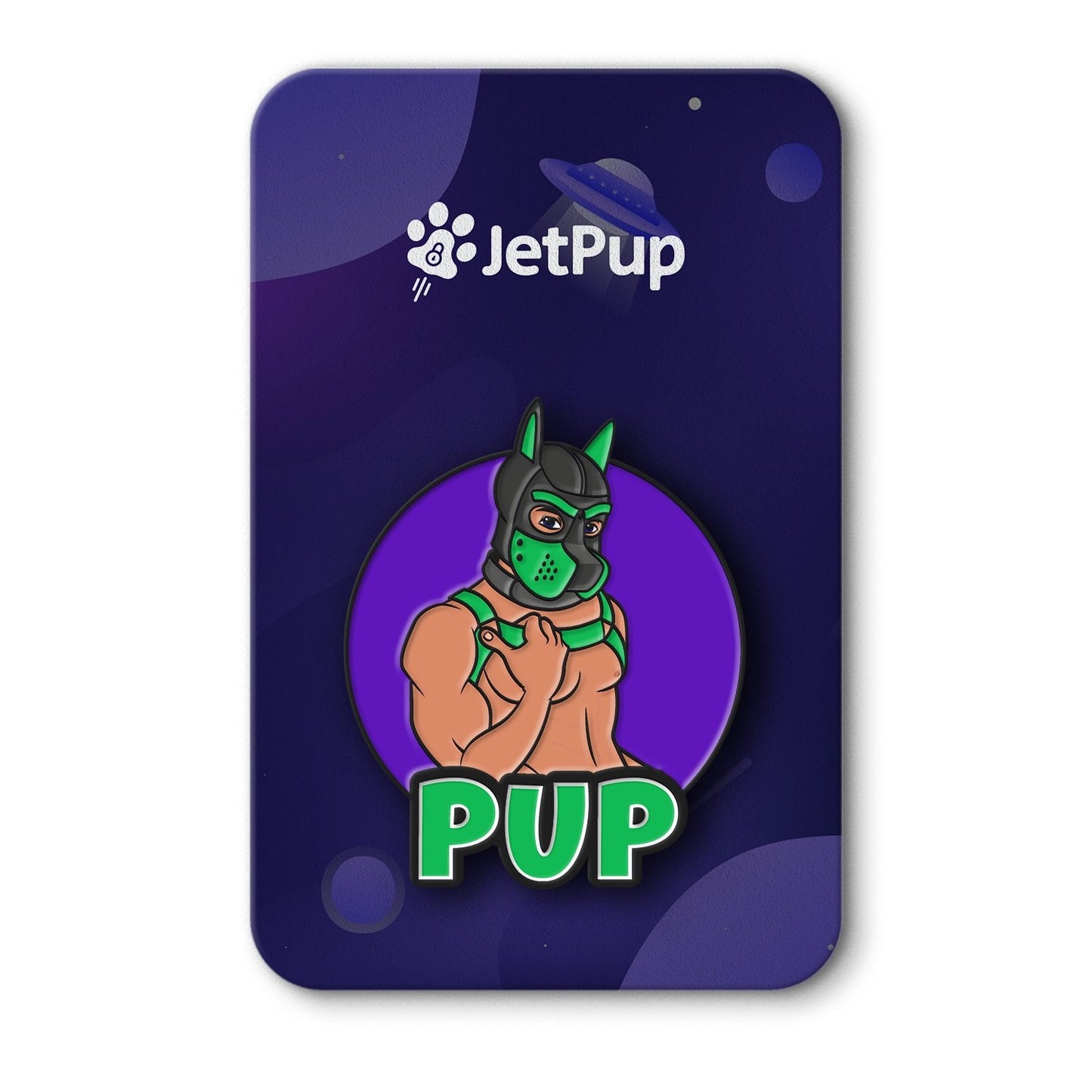 An enamel pin with a purple background featuring a human pup character with a 'PUP' text on the front with JetPup logo.