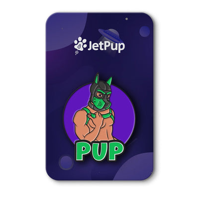 An enamel pin with a purple background featuring a human pup character with a 'PUP' text on the front with JetPup logo.