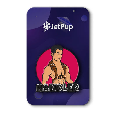 Product packaging with 'JetPup' branding and a human character labeled 'Handler' on a dark purple background.