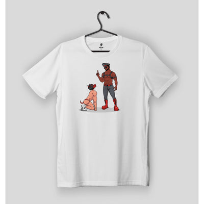 White pup and handler t-shirt on a hanger.