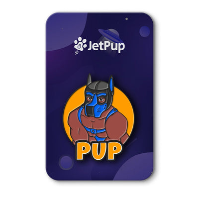 Enamel lapel pin packaging with JetPup logo and human pup illustration on a dark purple background