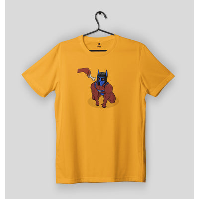 front of yellow t-shirt with a human pup on a hanger