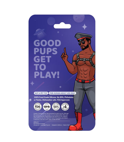 Backside of packaging for a food grade silicone chew toy for human pups featuring a pup handler and 'Dishwasher Safe' disclaimer.