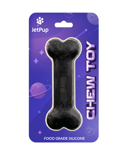 Black silicone chew toy bone for human pups featuring purple space theme with JetPup logo and food grade silicone tag.