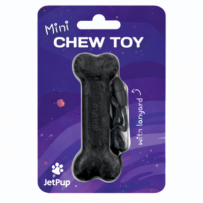 Black bone-shaped mini dog chew toy with a rope on JetPup packaging