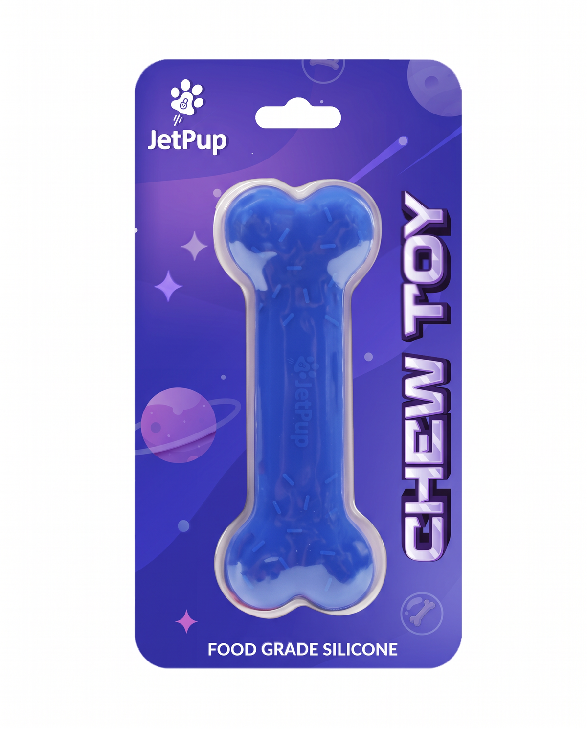 Blue silicone chew toy bone for human pups featuring purple space theme with JetPup logo and food grade silicone tag.
