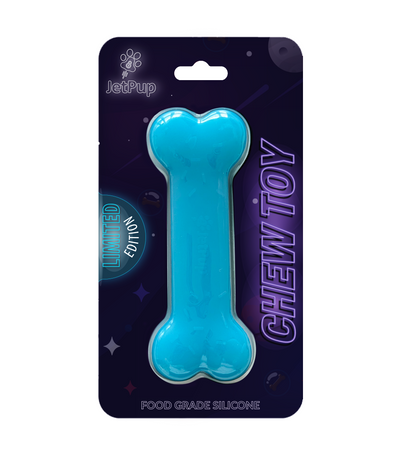 Neon blue dog chew toy on JetPup packaging with 'Limited Edition' and 'Chew Toy' text. Front Packaging