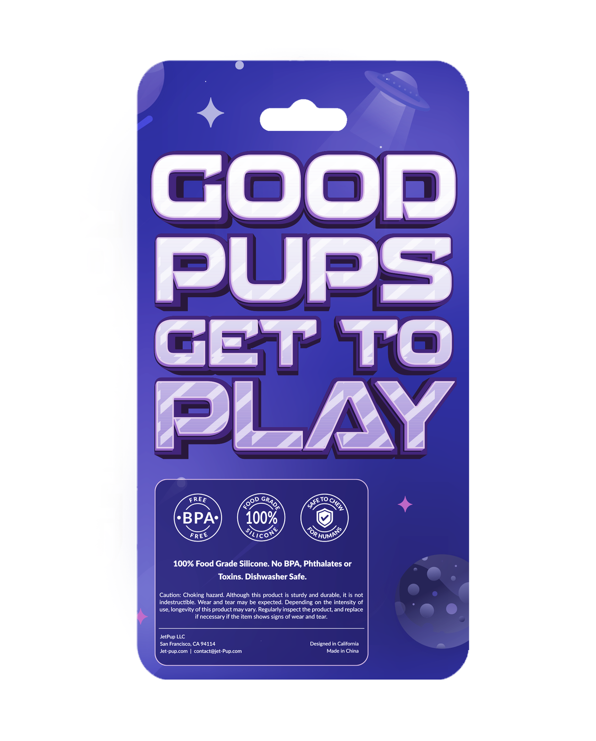 Backside of chew bone toy packaging.  Featuring the saying "Good Pups Get To Play!"  BPA free, 100% food grade silicone, Safe to chew for humans