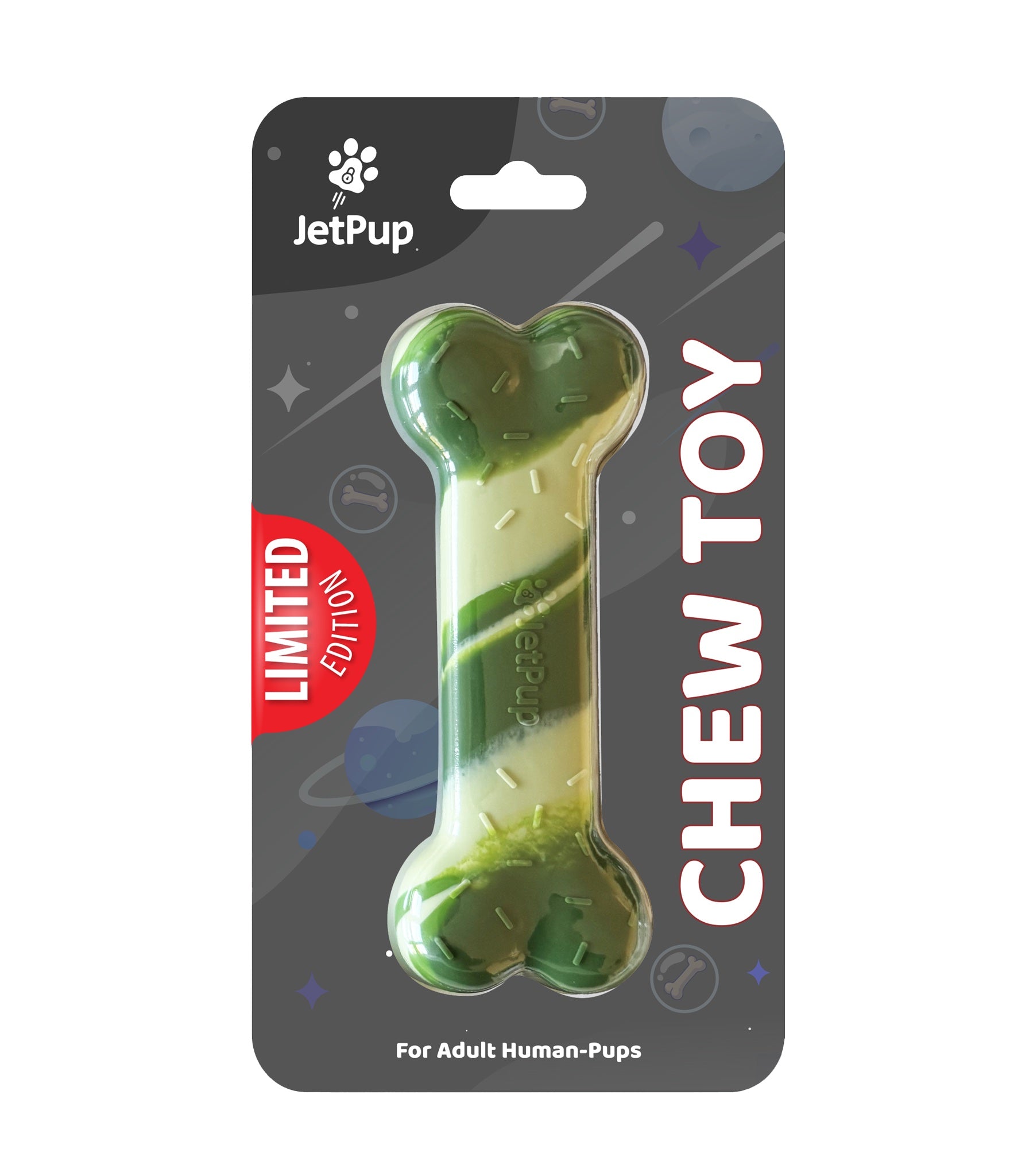 A camouflage green swirl silicone bone-shaped chew toy for human puppies, packaged on a card with the JetPup logo and marked as limited edition.
