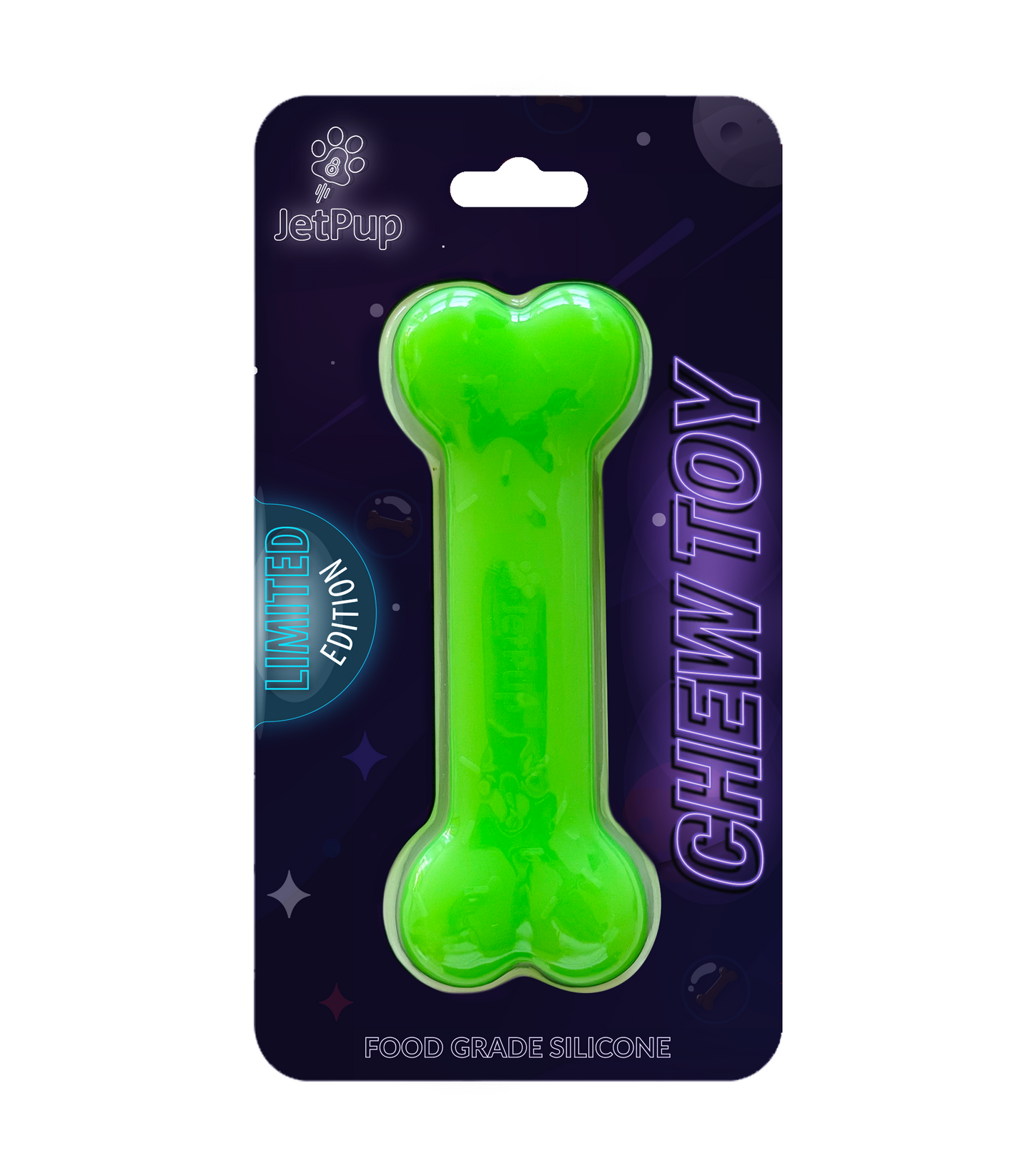 Green bone-shaped chew toy on JetPup packaging with 'Limited Edition' and 'Chew Toy' text.