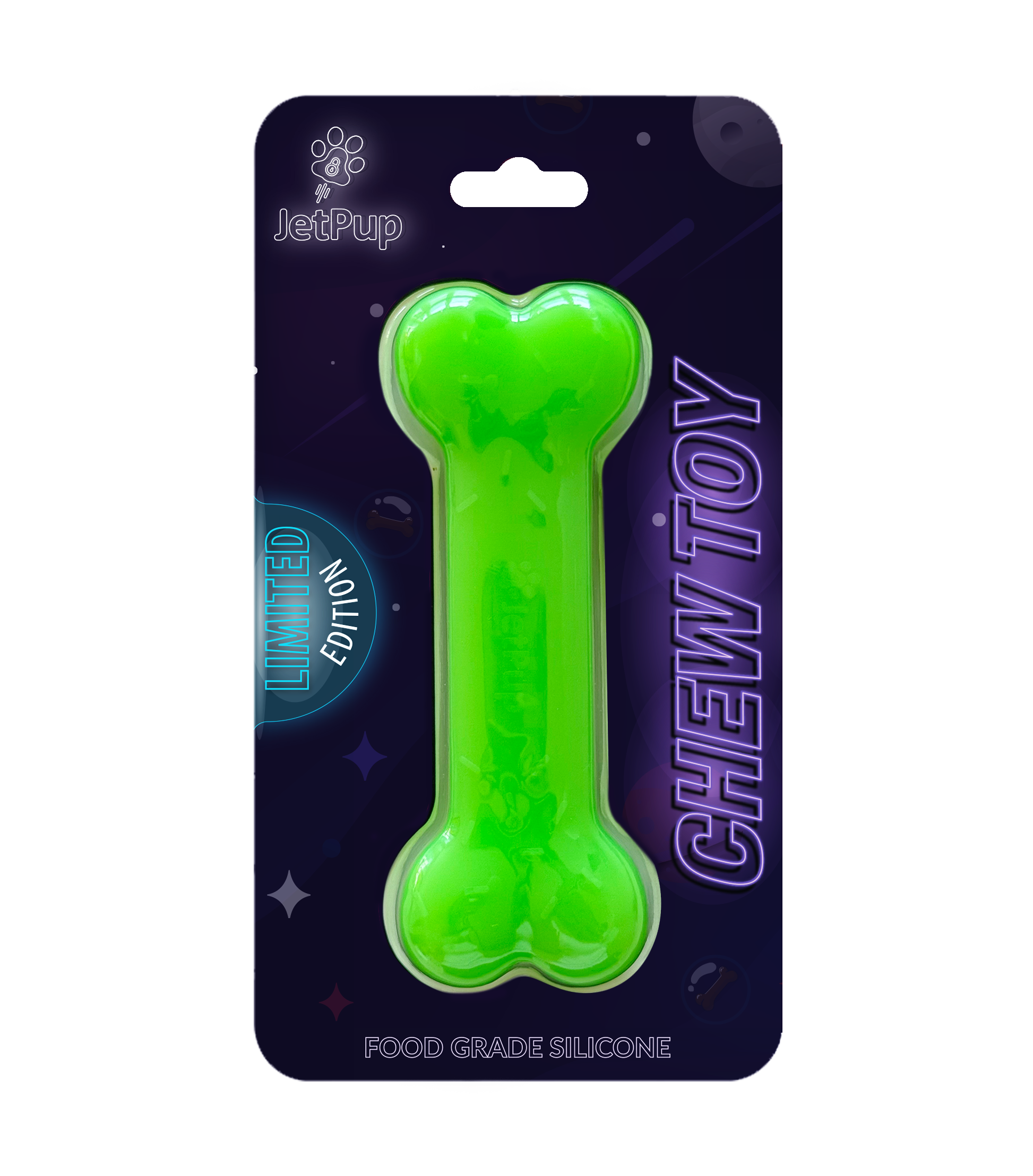 Green bone-shaped chew toy on JetPup packaging with 'Limited Edition' and 'Chew Toy' text.