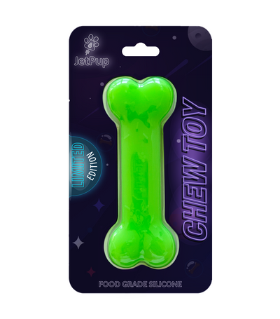 Green bone-shaped chew toy on JetPup packaging with 'Limited Edition' and 'Chew Toy' text.