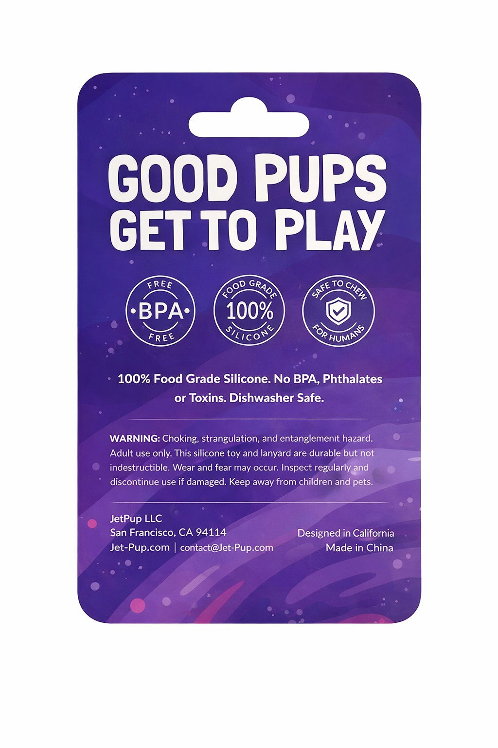 Purple packaging with 'Good Pups Get to Play' text and safety certifications on a white background