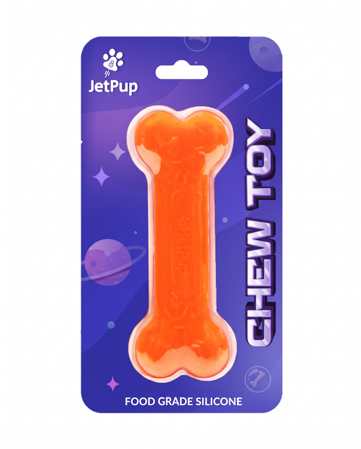 Orange silicone chew toy bone for human pups featuring purple space theme with JetPup logo and food grade silicone tag.
