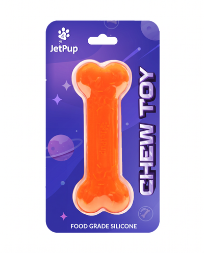 Orange silicone chew toy bone for human pups featuring purple space theme with JetPup logo and food grade silicone tag.