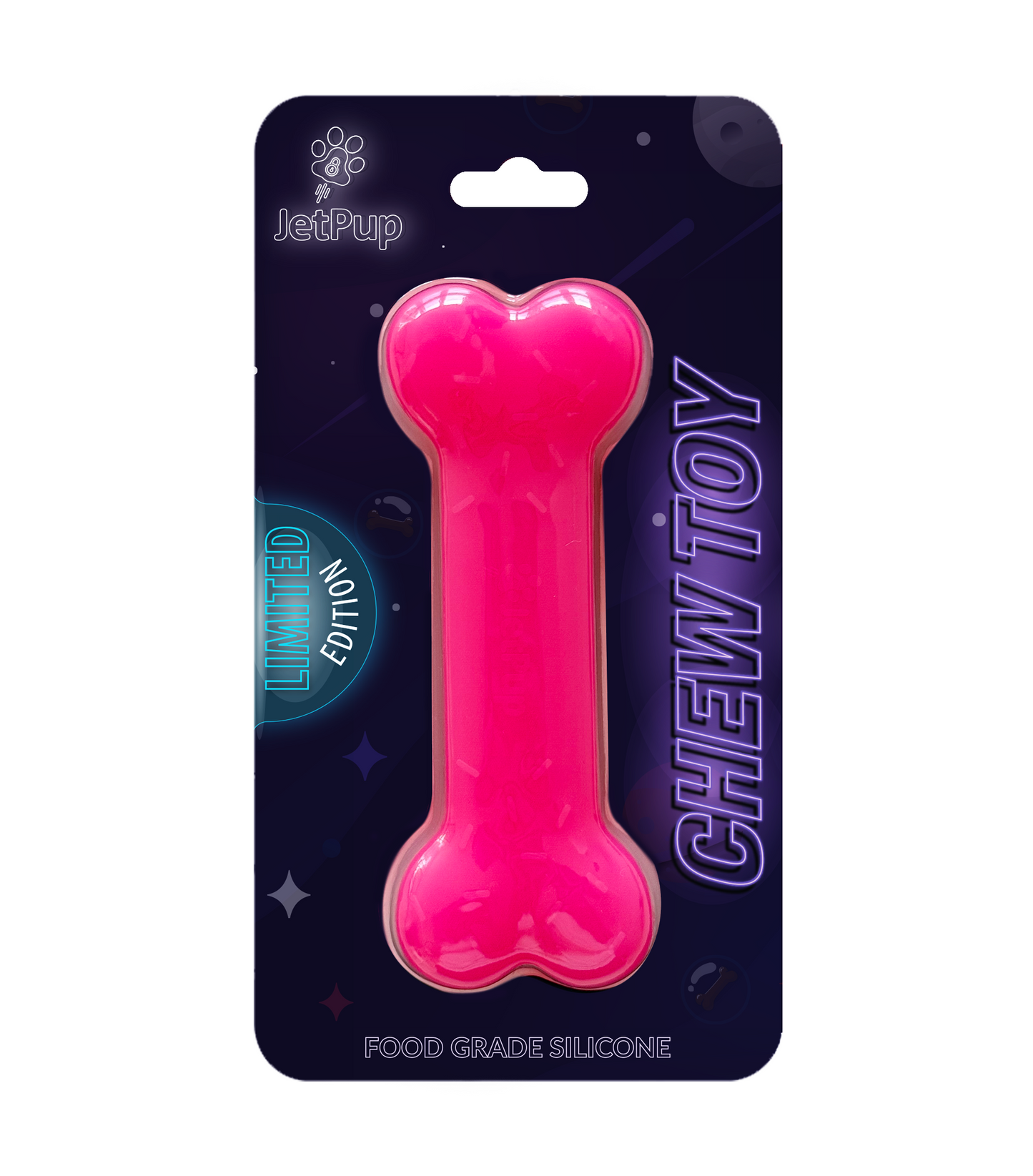 A neon pink bone-shaped silicone chew toy for human puppies, packaged on a black card with product information.