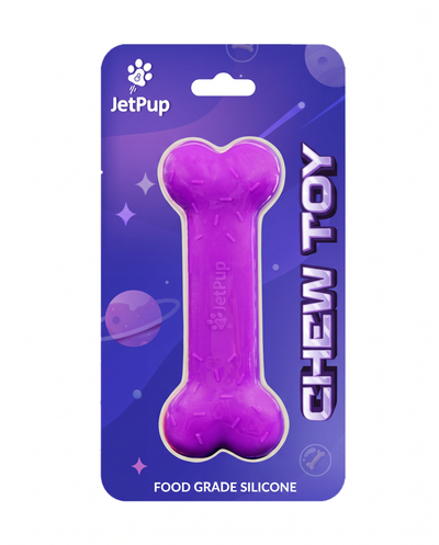 Purple silicone chew toy bone for human pups featuring purple space theme with JetPup logo and food grade silicone tag.