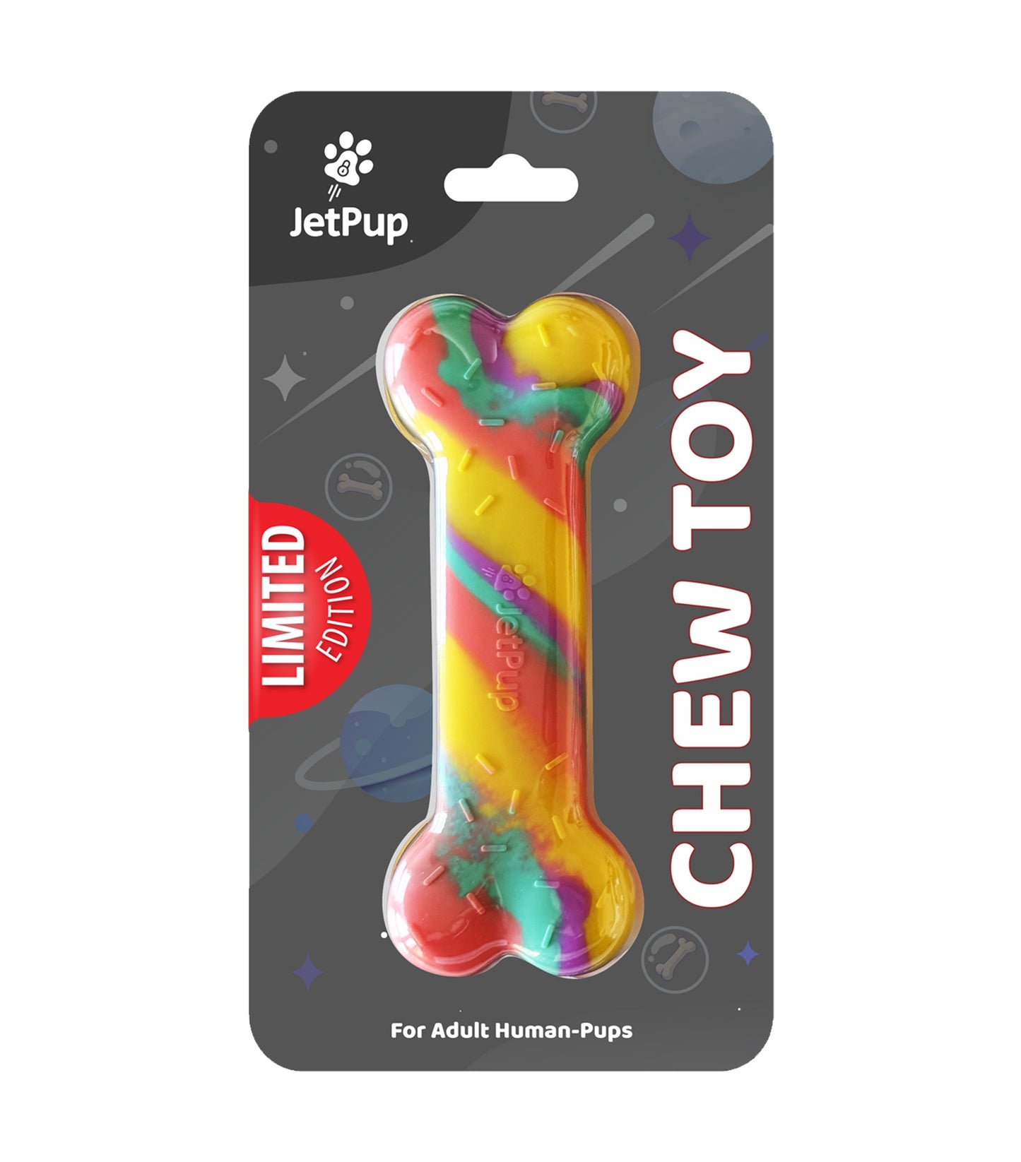 A rainbow-colored silicone bone-shaped chew toy for human puppies, packaged on a black card with 'LIMITED EDITION' text and the JetPup logo.