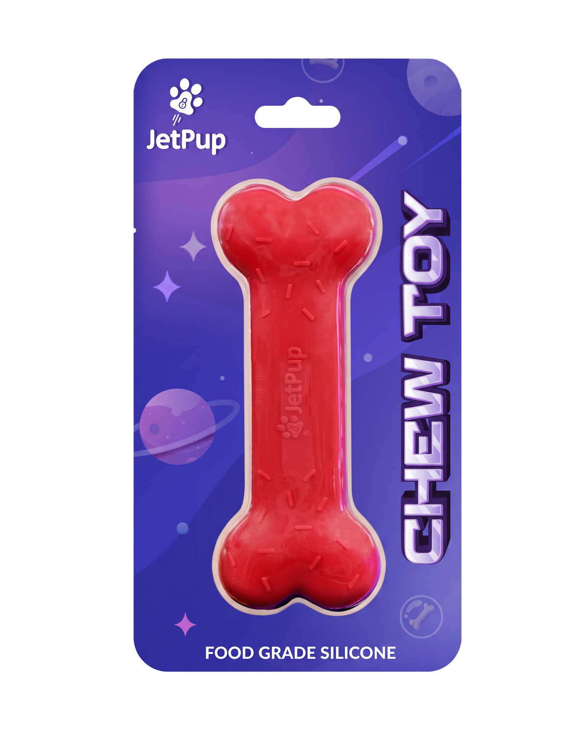 Red silicone chew toy bone for human pups featuring purple space theme with JetPup logo and food grade silicone tag.