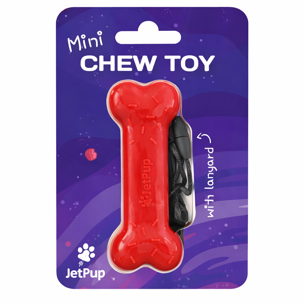 Red bone-shaped chew toy with a lanyard on a purple packaging background, featuring the JetPup brand.