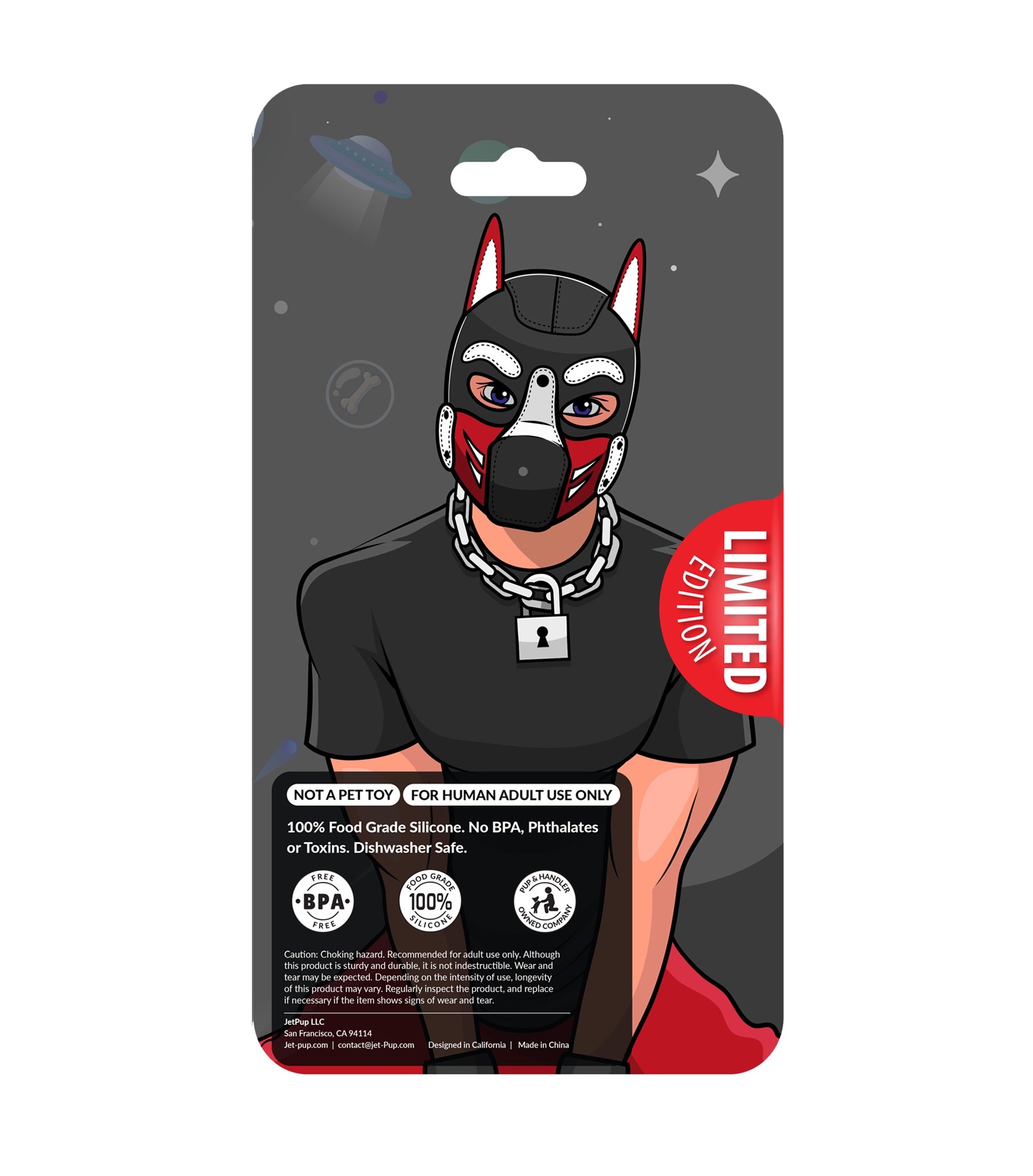 Backside of limited edition swirl chew toy bone featuring a human pup in a mask. Food grade silicone and dishwasher safe.