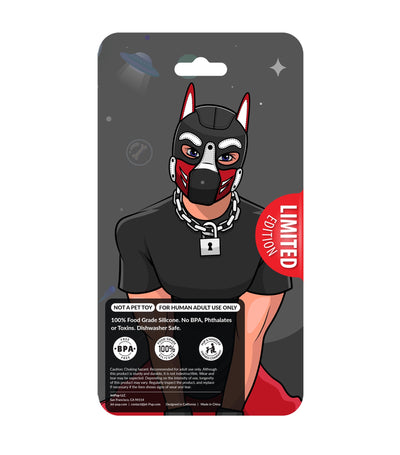 Rainbow rave silicone chew toy back packaging featuring a human pup in a mask. BPA Free.