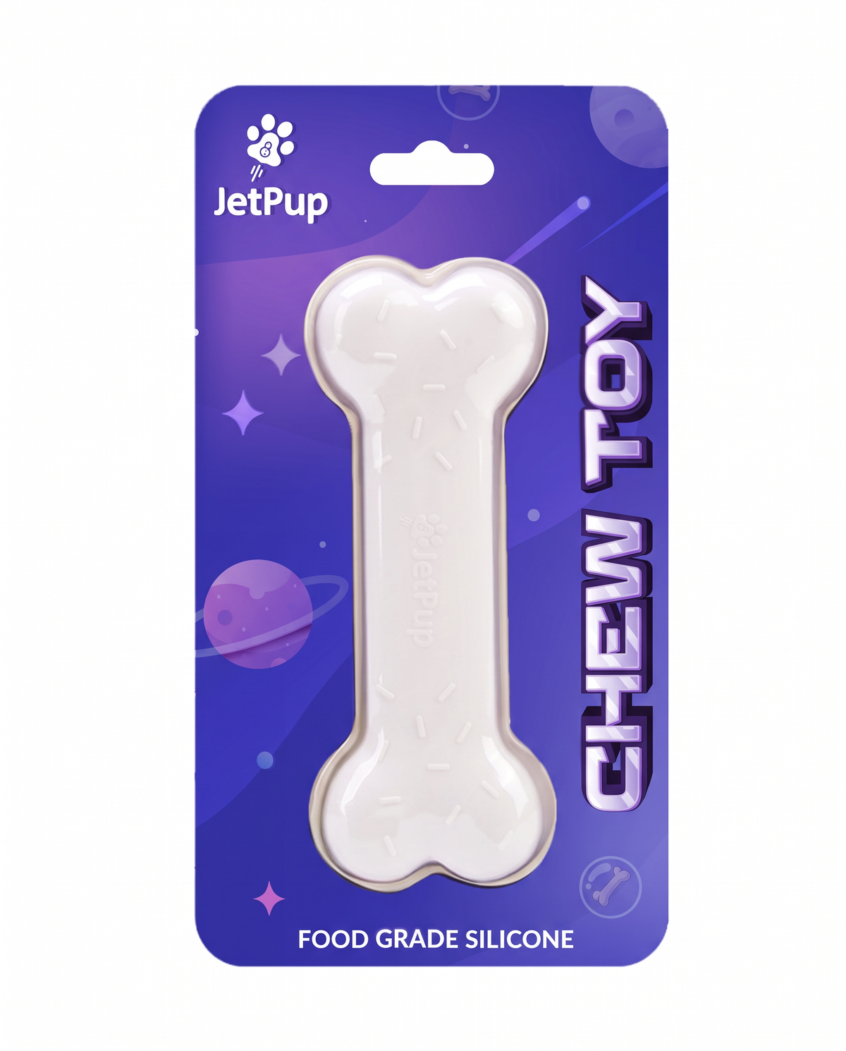 White silicone chew toy bone for human pups featuring purple space theme with JetPup logo and food grade silicone tag.