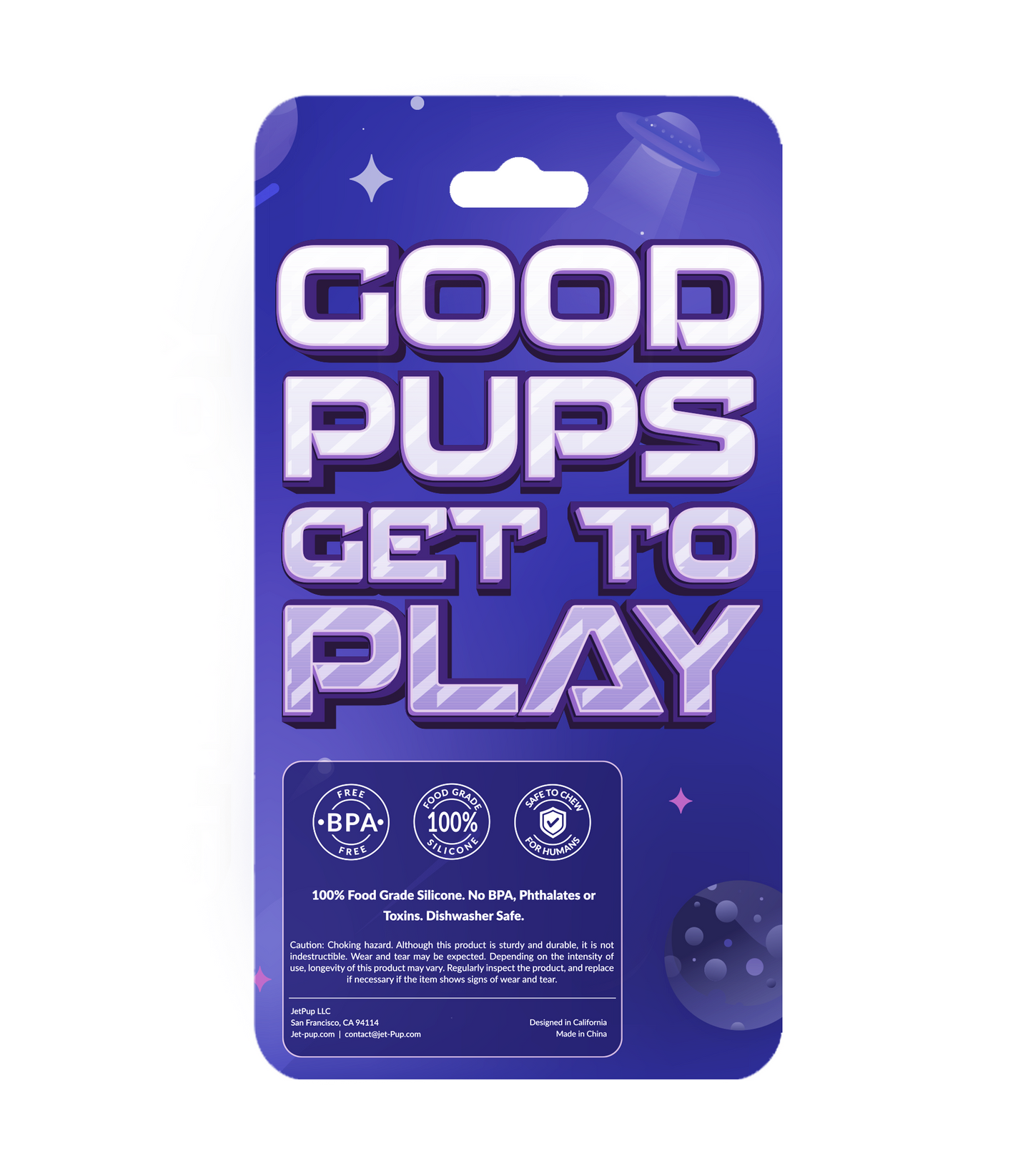 Back view of JetPup chew toy showing dishwasher safe label
