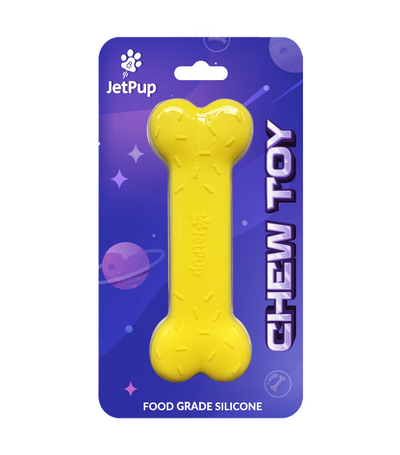 yellow silicone bone chew toy for human pup play, food grade, front packaging