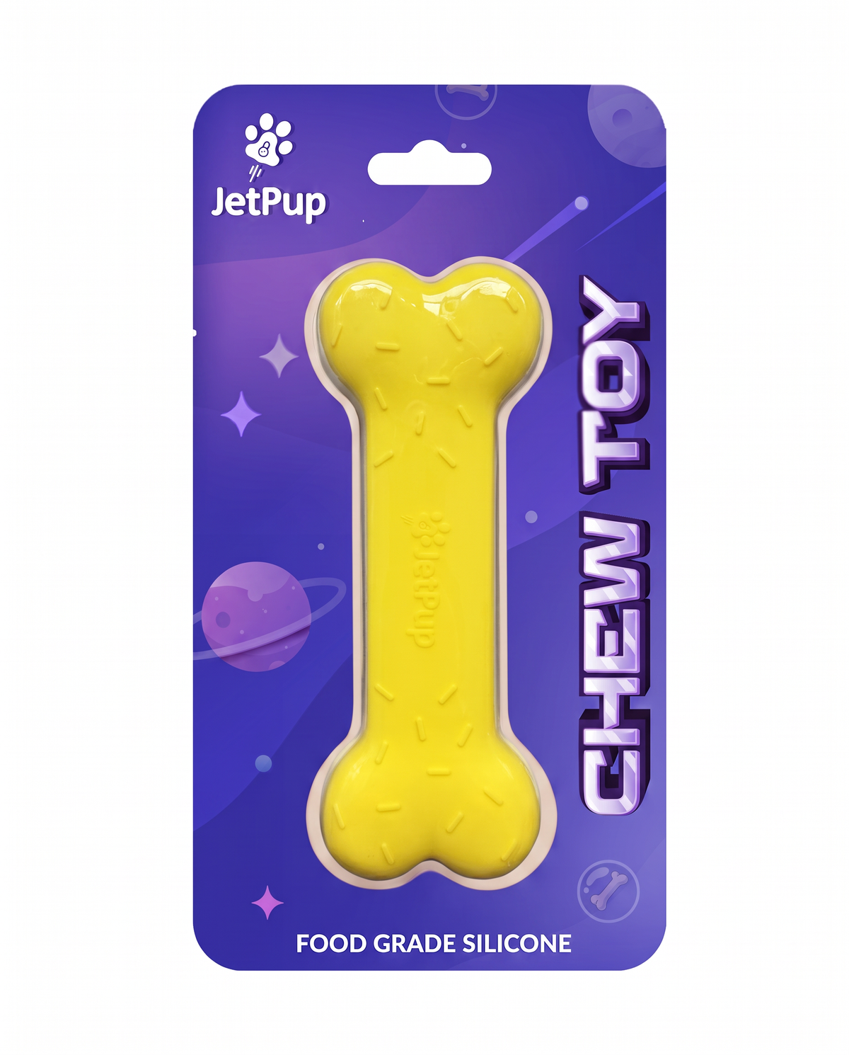 Yellow silicone chew toy bone for human pups featuring purple space theme with JetPup logo and food grade silicone tag.