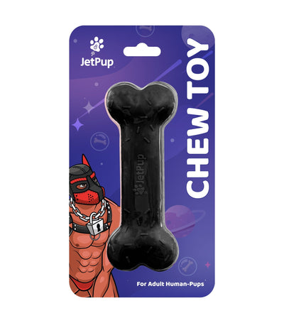 Black silicone chew toy bone for human pups. Front packaging featuring a human pup in mask and collar with JetPup logo.