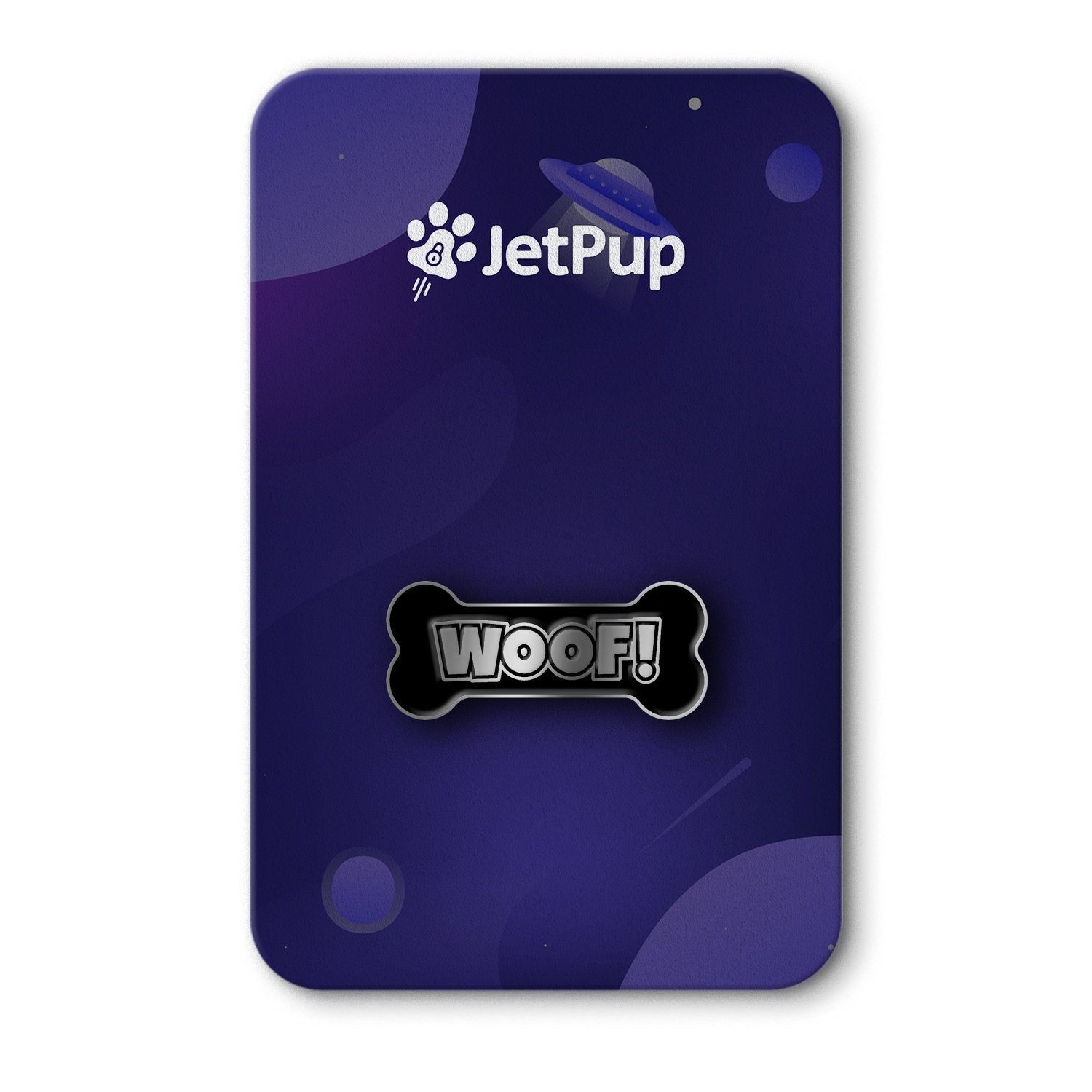 A shiny black and chrome enamel pin with 'WOOF!' text on a bone-shaped backing, displayed on a space theme background with the JetPup logo.