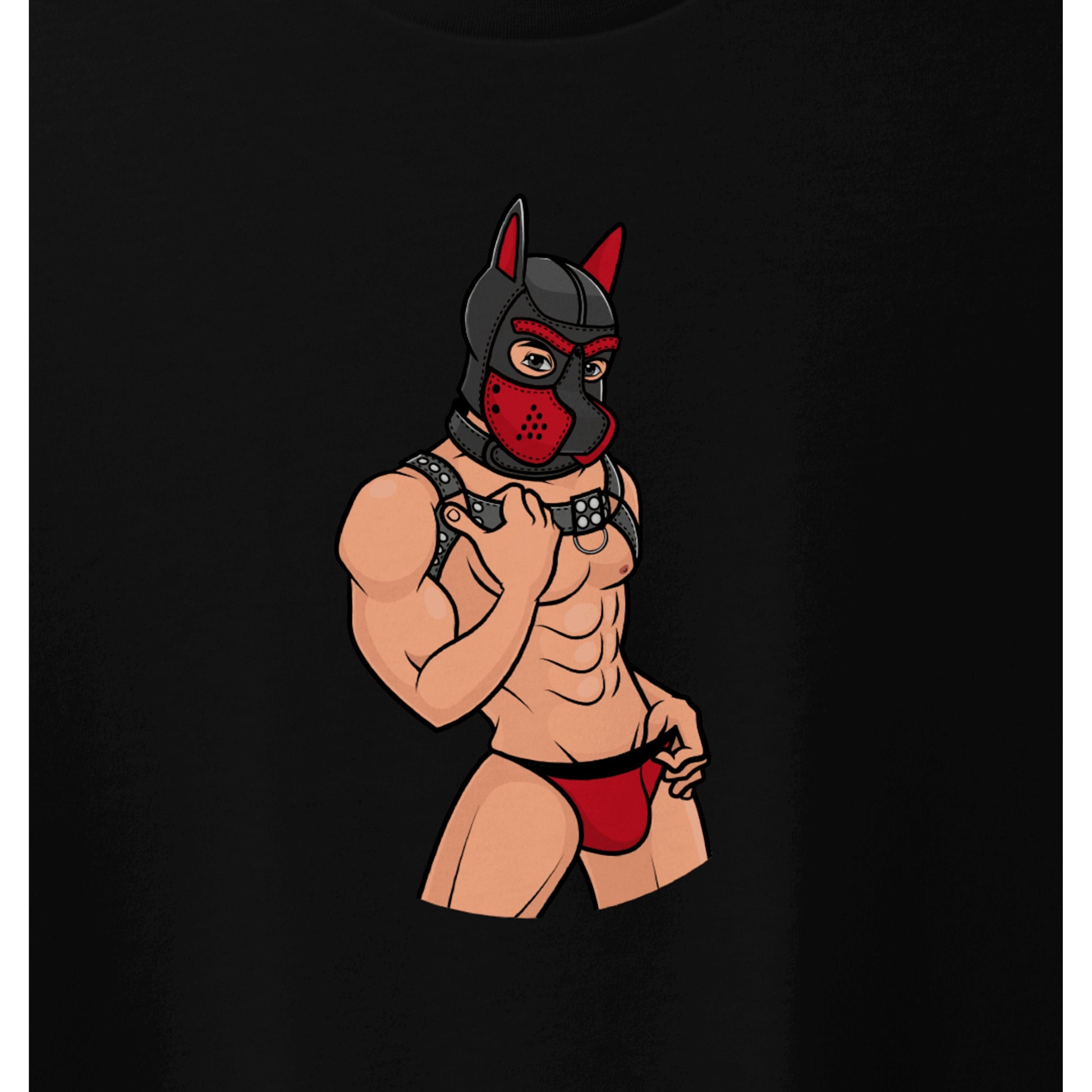 Closeup image of a black t-shirt with muscle human pup.