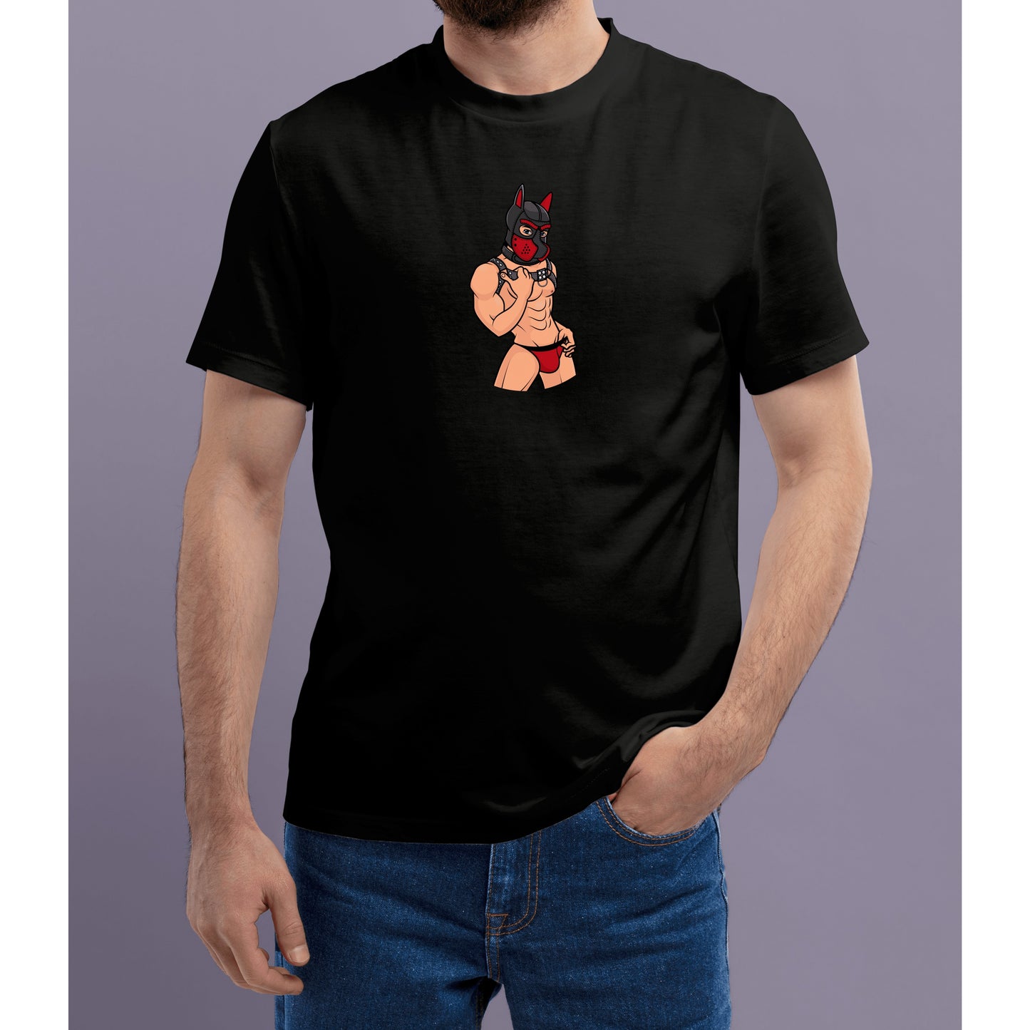 Black t-shirt with a graphic design of a muscular human pup with a dog mask on a plain background