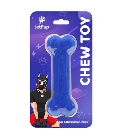 blue bone food grade silicone chew toy. Front packaging features the JetPup logo and a human pup illustration.