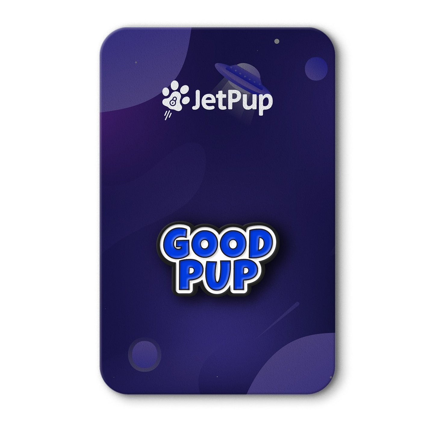 Blue enamel pin with JetPup logo and 'Good Pup' text on a purple background