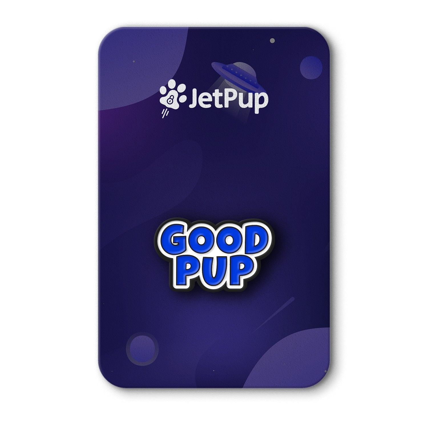 Blue enamel pin with JetPup logo and 'Good Pup' text on a purple background