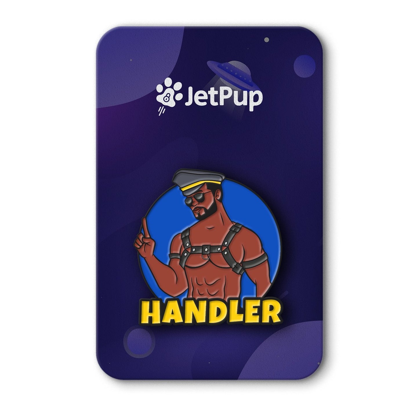 Enamel lapel pin product packaging with JetPup logo and 'Handler' text on a purple background