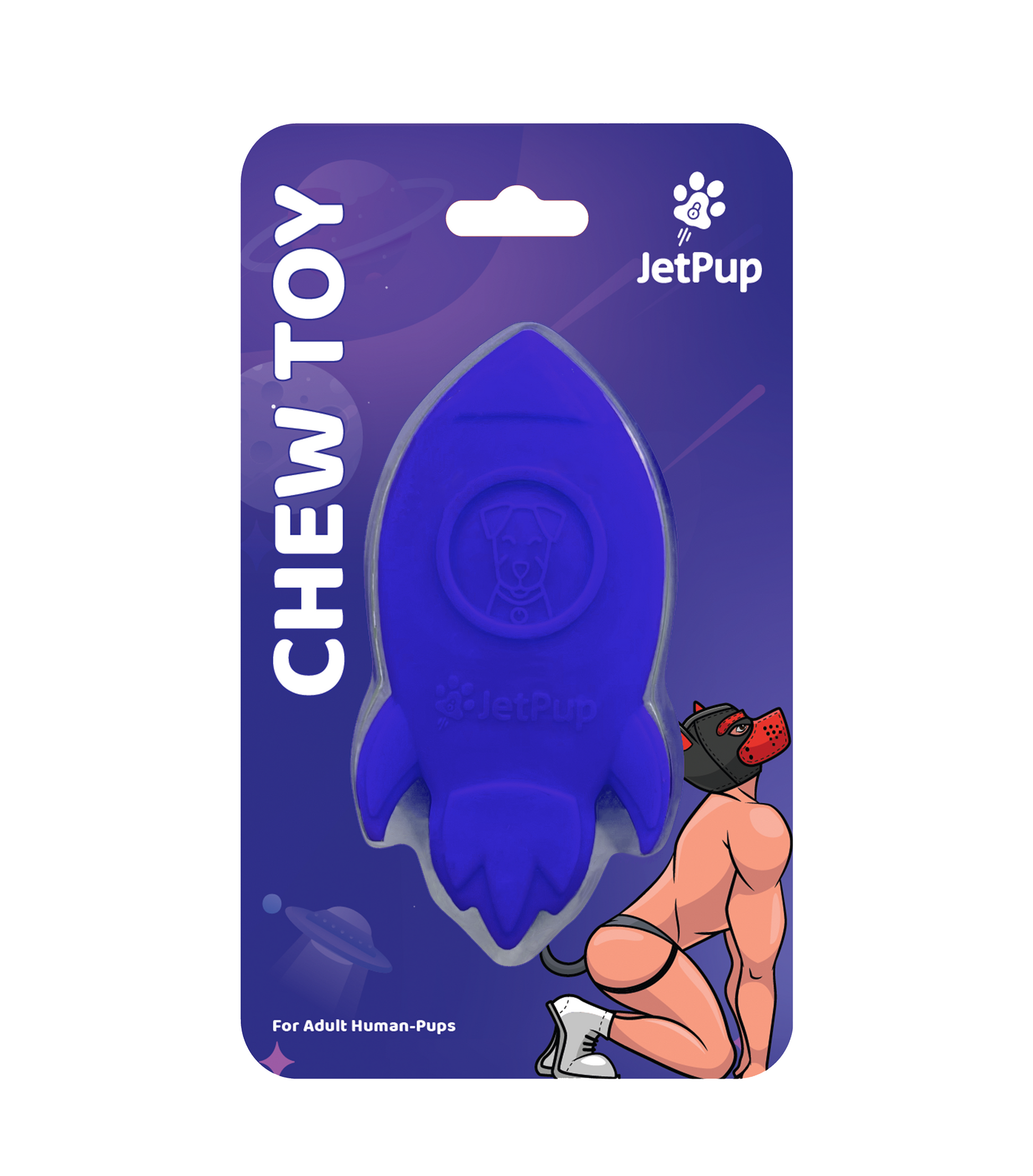 Blue rocket chew toy for human pups. Packaging features a purple space theme and JetPup logo.