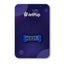 A royal blue enamel pin with 'WOOF!' text on a bone-shaped backing, displayed on a purple space background with the JetPup logo.
